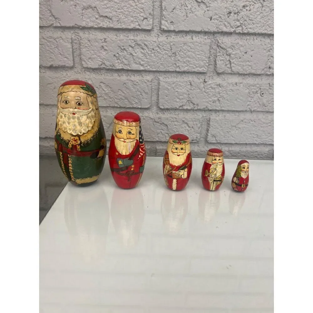 Vintage Russian Santa Claus Hand Painted Wood Nesting Dolls 5 PCS